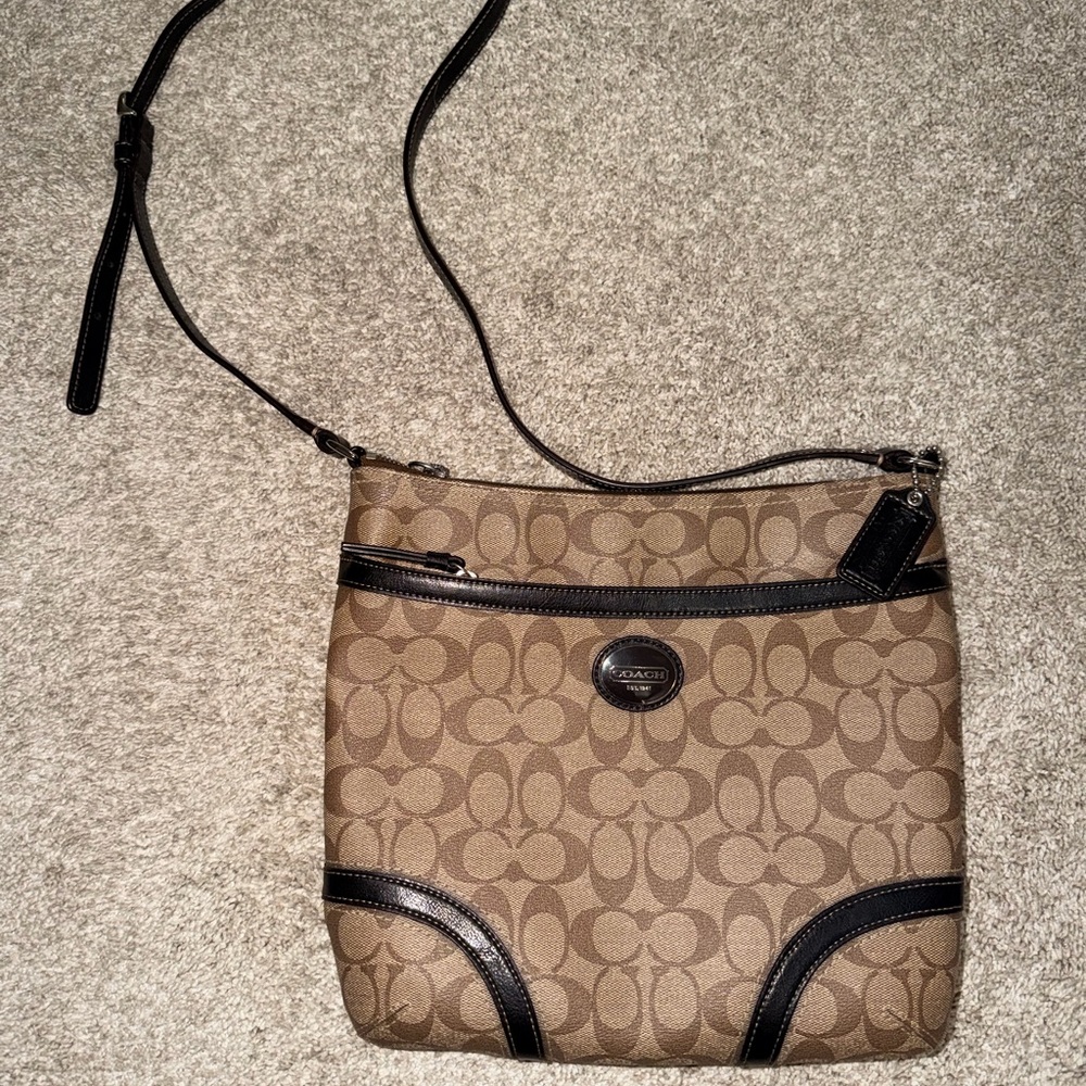 Coach Signature Tan and Black Crossbody Bag